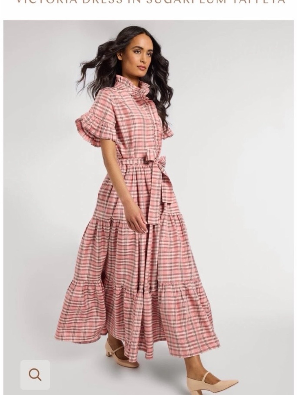Tiered Pink Plaid Maxi Dress with Ruffle Collar